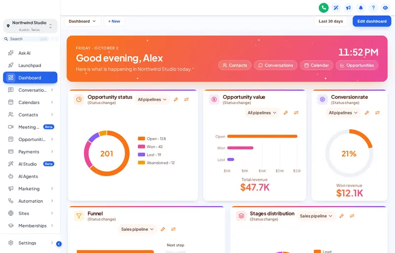 Sunset Warm dashboard design: a coral-to-pink greeting banner with a live clock above softly coloured GoHighLevel charts