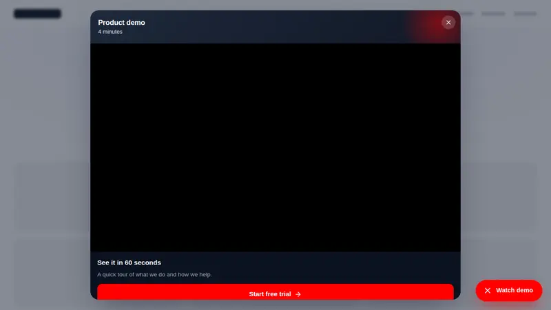 YouTube demo modal floating widget open over a sample website: a dark video panel titled Product demo with a red Start free trial button and a Watch demo launcher in the corner