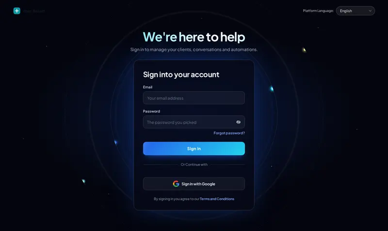 Orbit login design for GoHighLevel: deep space background with glowing rings and small planets orbiting a dark sign-in card with a blue button