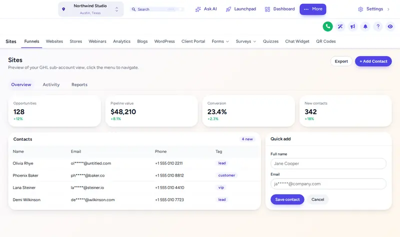 GoHighLevel Sites page with the Pastel Mesh theme in top-bar layout: navigation across the top with Funnels, Websites and Stores tabs below