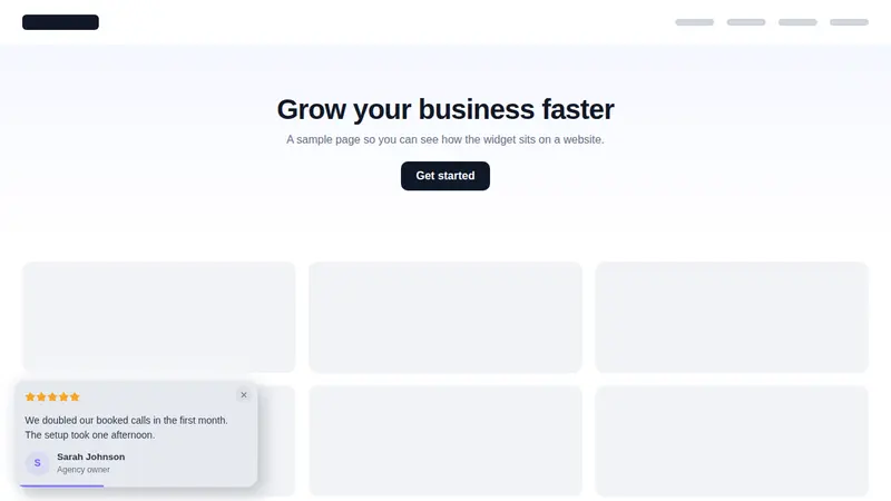 Soft UI review notification in the lower left of a sample website: five stars, a short quote and the reviewer's name on a soft grey card