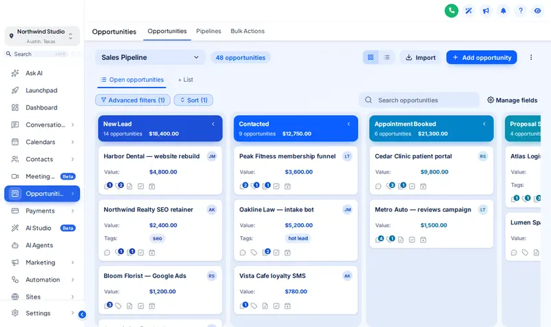 Ocean Pro board design on the GoHighLevel opportunities page: solid blue stage header bands above white deal cards with bold values
