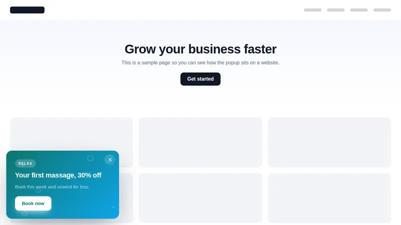 Calm bubbles spa popup sliding in at the bottom left of a sample website: a teal card reading Your first massage, 30% off with a Book now button