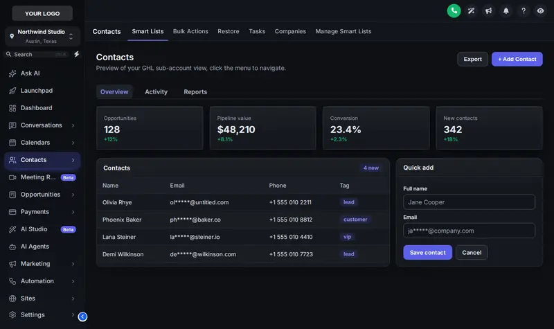Graphite Pro dark theme on the GoHighLevel contacts page: near-black panels with light text and an indigo accent