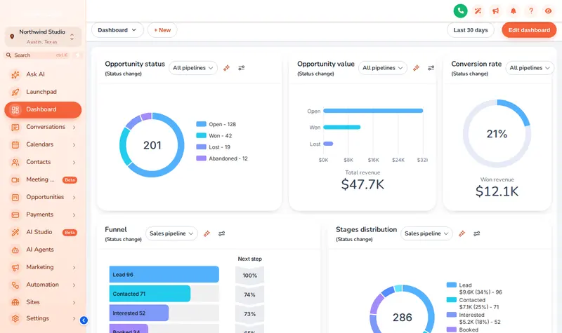 Sunset Coral theme on the GoHighLevel dashboard: warm peach sidebar with rounded, friendly menu items